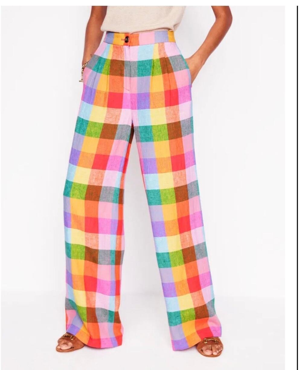 Boden Dulwich Wide Leg Linen Trousers Rainbow Multicolor Check Print 6